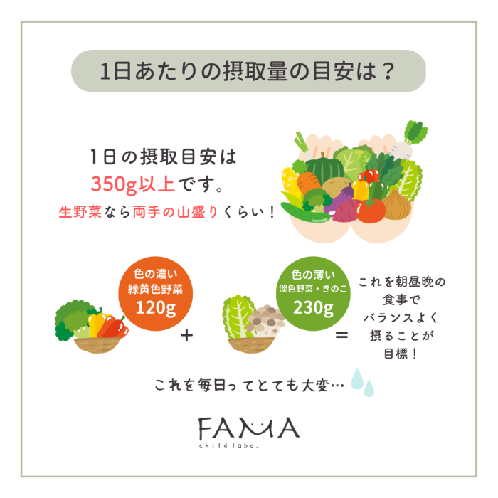 1日あたりの摂取量の目安は？350g以上です。生野菜なら両手の山盛りくらい！
